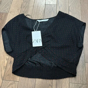 NWT Zara Cropped Black top w/red polka dots. V-neck faux wrap sleeveless.